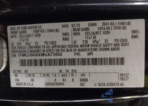 2021 Ford Escape Se из США, поврежденный, VIN 1FMCU9G6XMUA73502